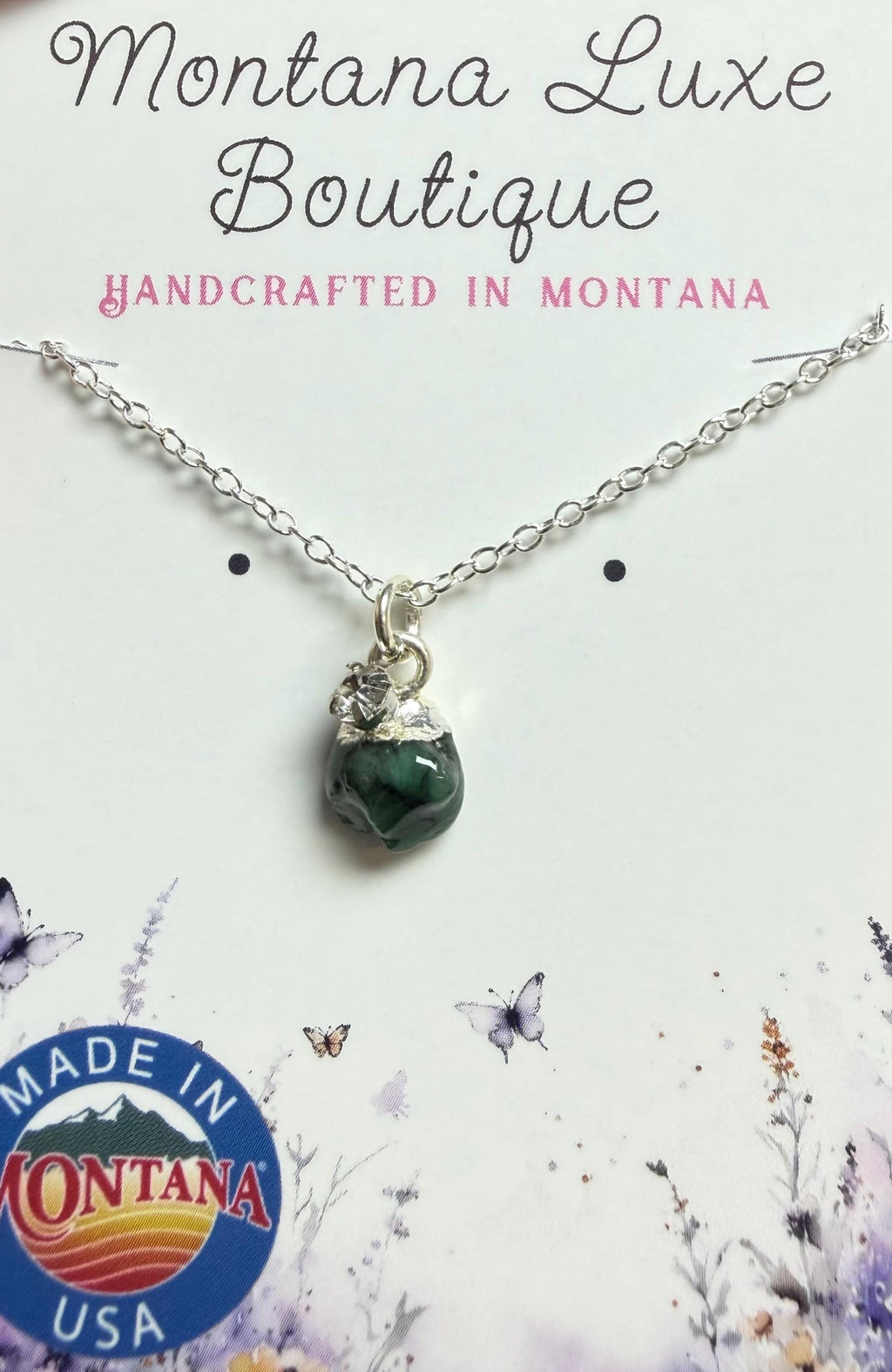 Emerald Necklace with Brilliant CZ Charm: Made in Montana