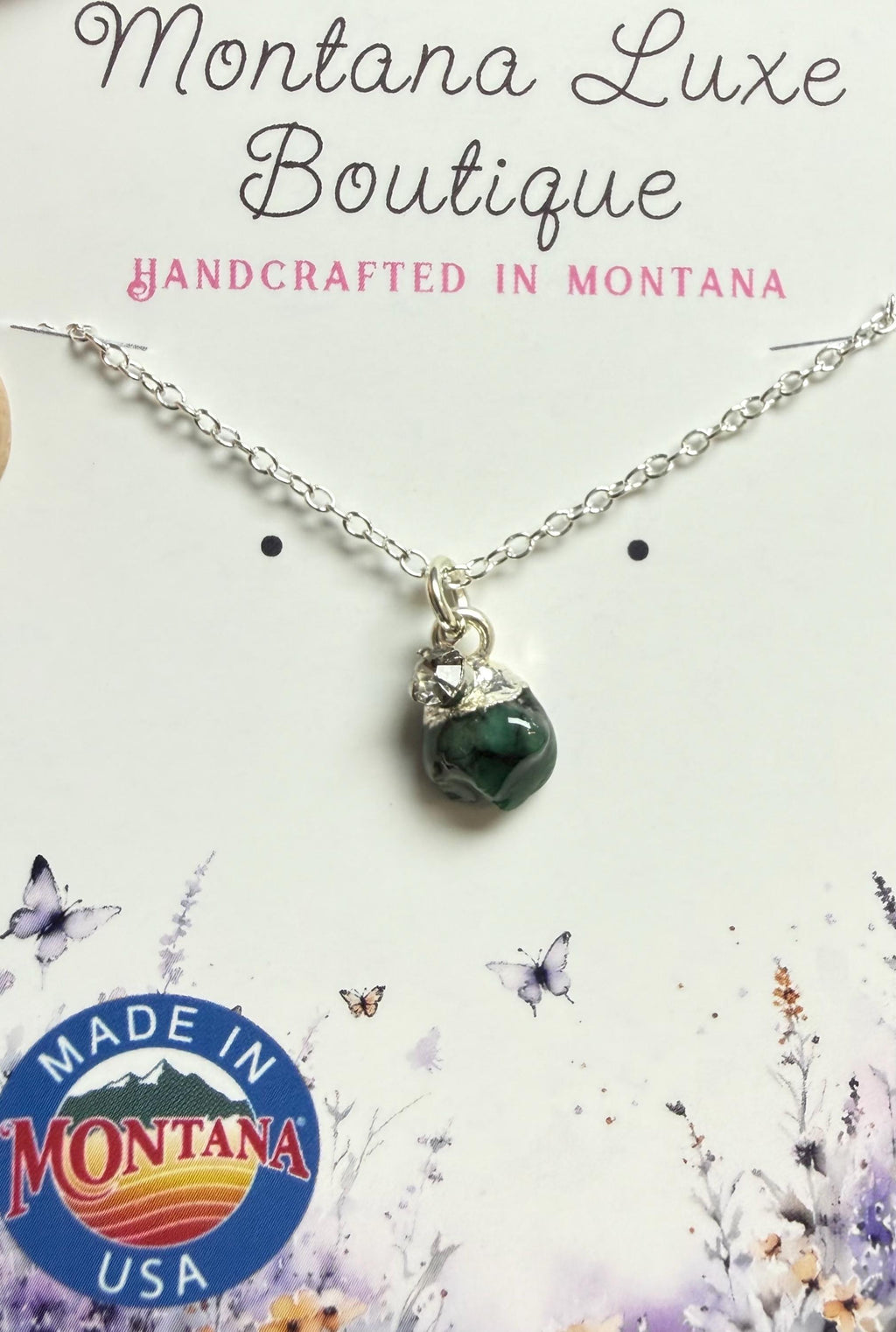 Emerald Necklace with Brilliant CZ Charm: Made in Montana